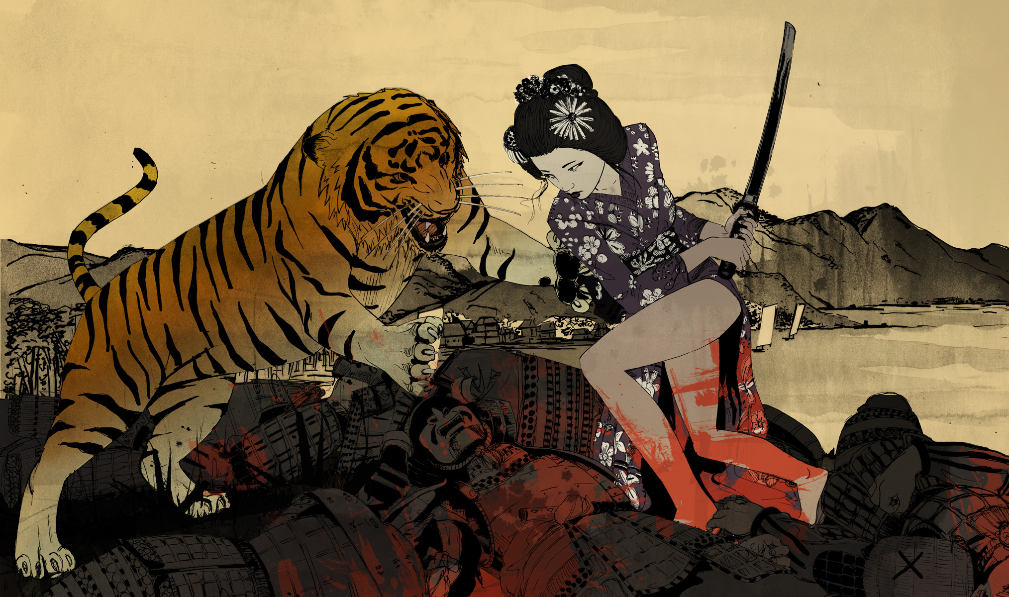Geisha fighting a tiger