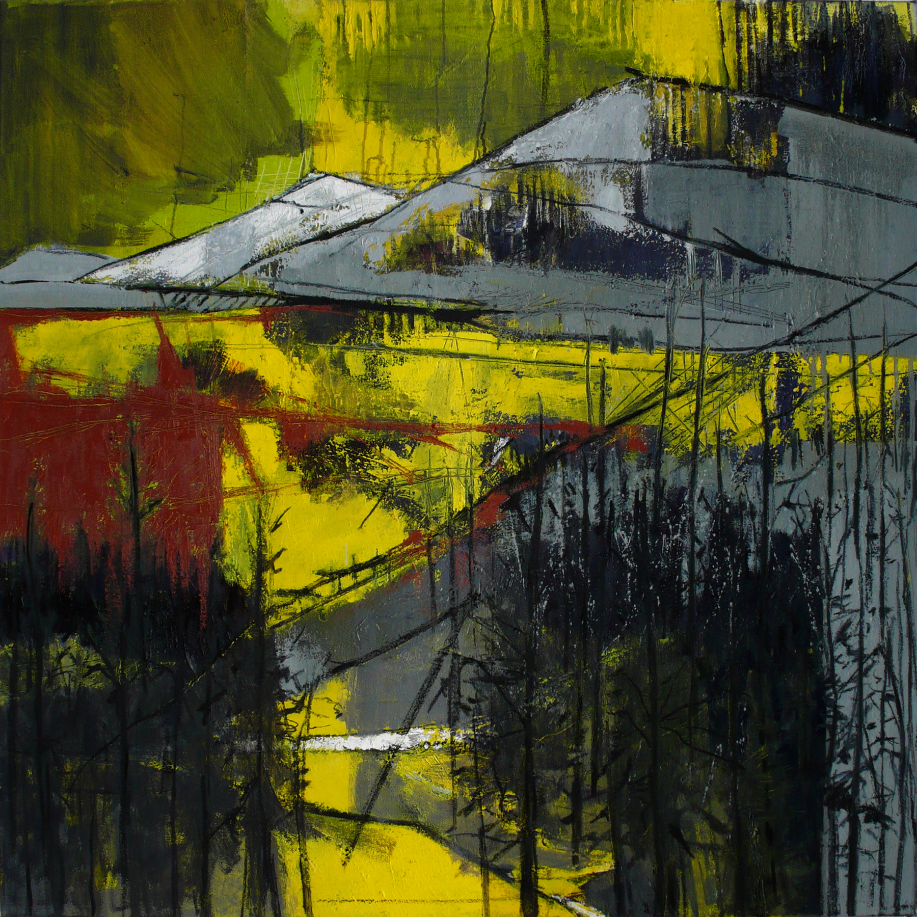 Roughly textured oil painting, predominately yellow, gray and black, showing forest and mountains.