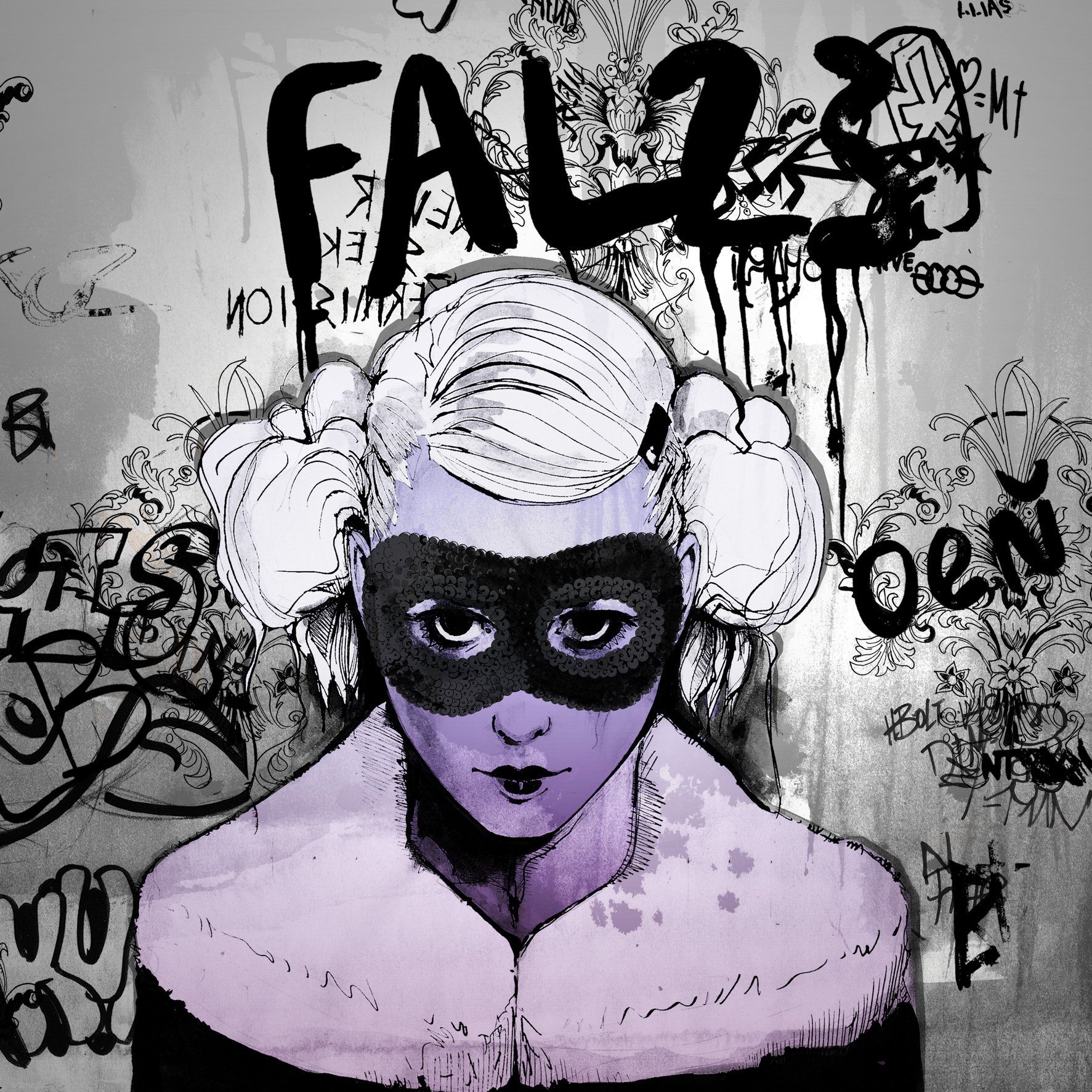 Portrait of a girl wearing a mask against a graffitied wall