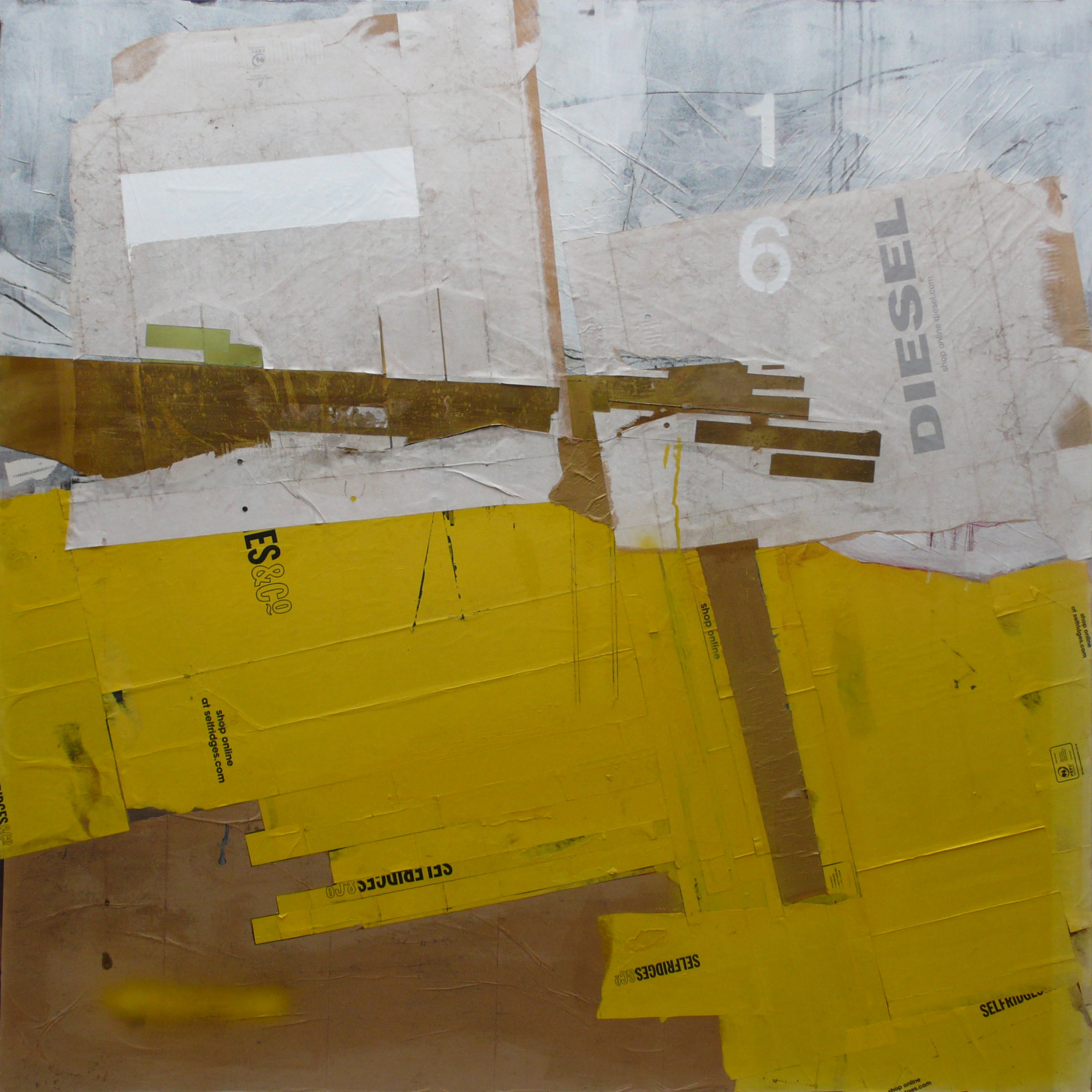 Mixed media landscape, yellow brass and white of mountain range.