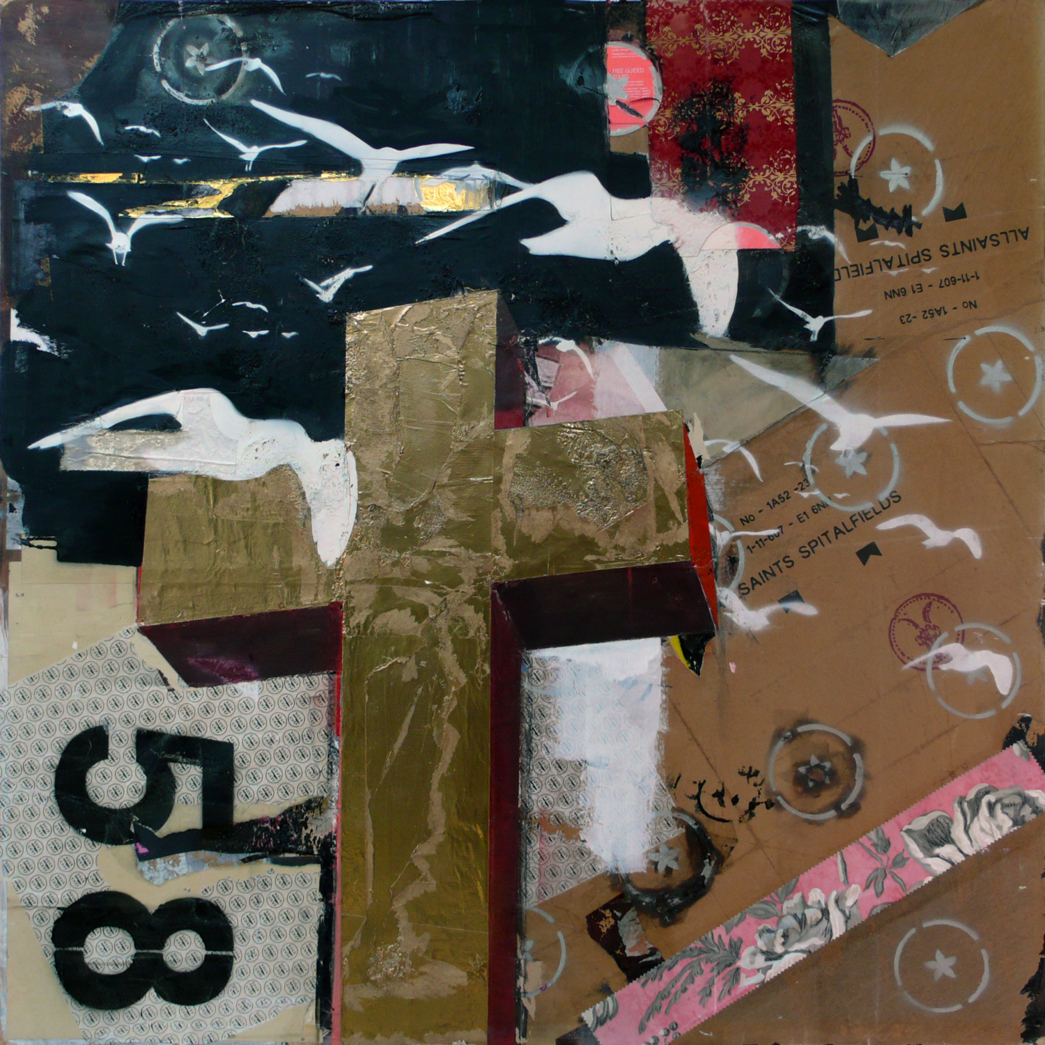 seagulls and church cross with brown and gold paper