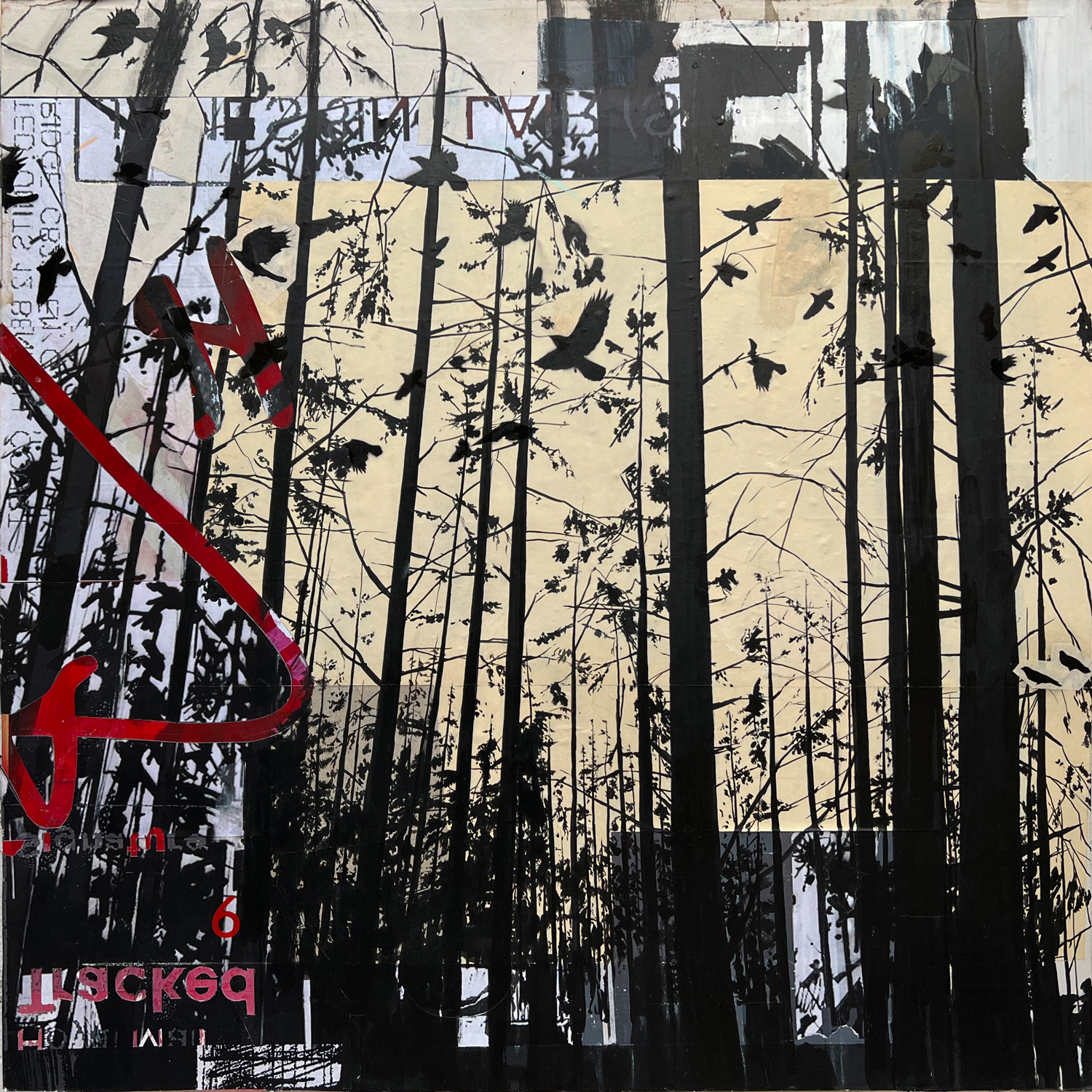 Black and white mixed forest with birds flying and red postal mark