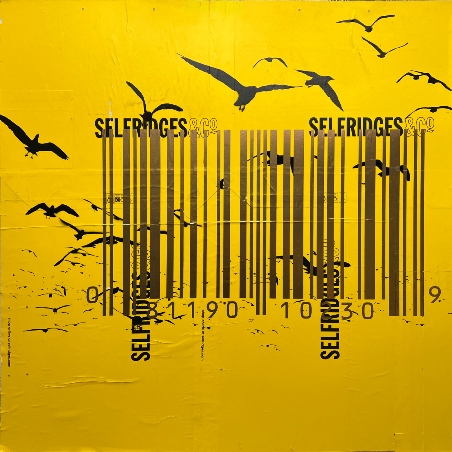 Mixed media painting featuring seagulls and a barcode.